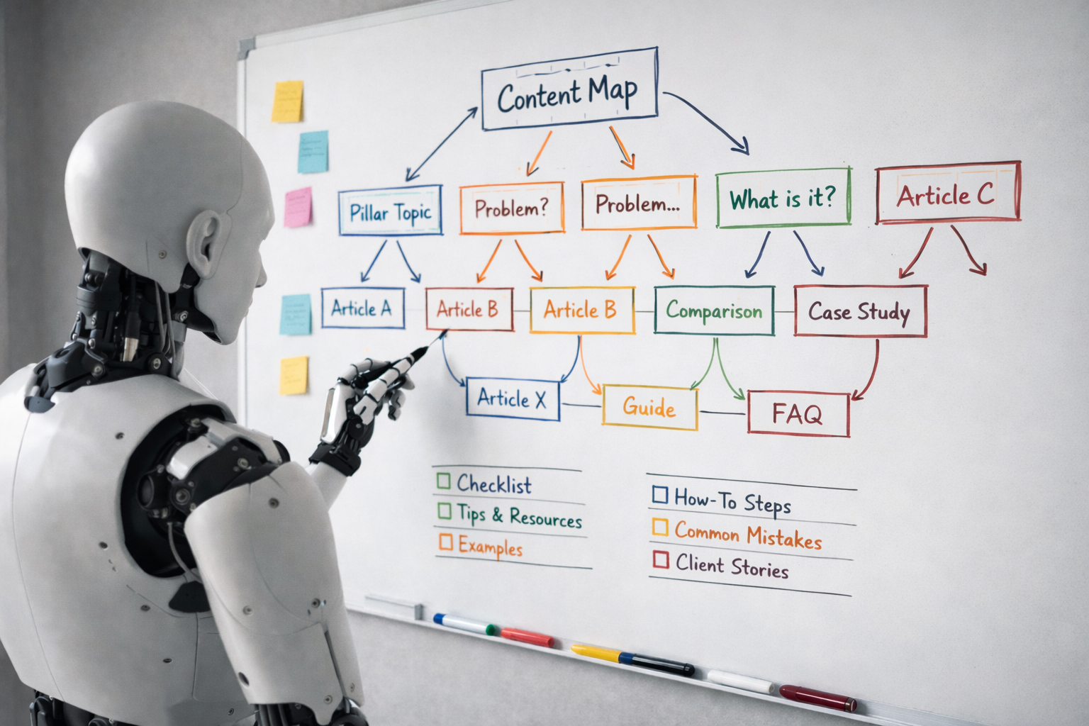 Robot maps content topics on whiteboard, illustrating ai content mapping, seo systems, and content infrastructure.