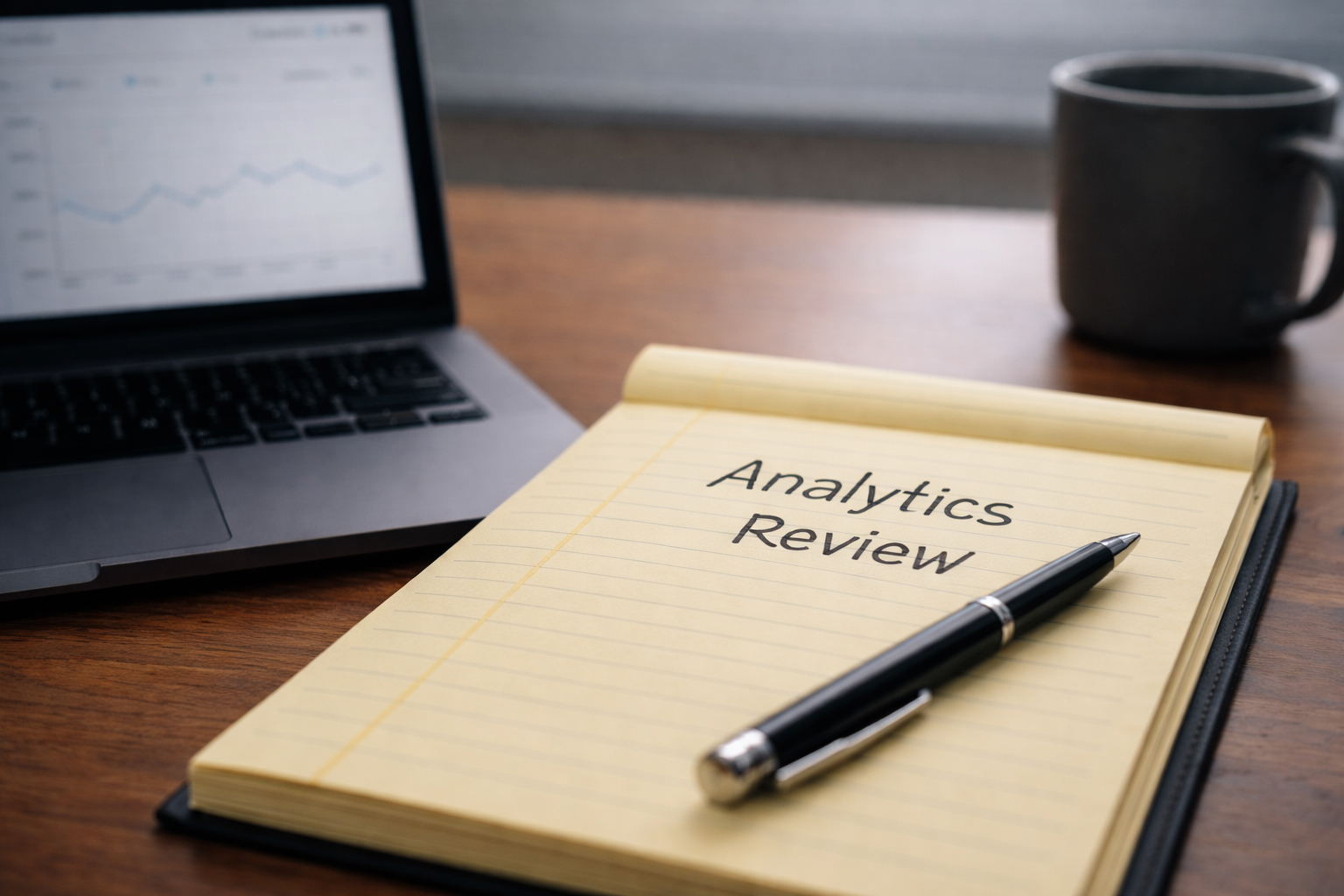 Yellow notepad labeled Analytics Review beside laptop chart, supporting a marketing strategy plan and seo help.