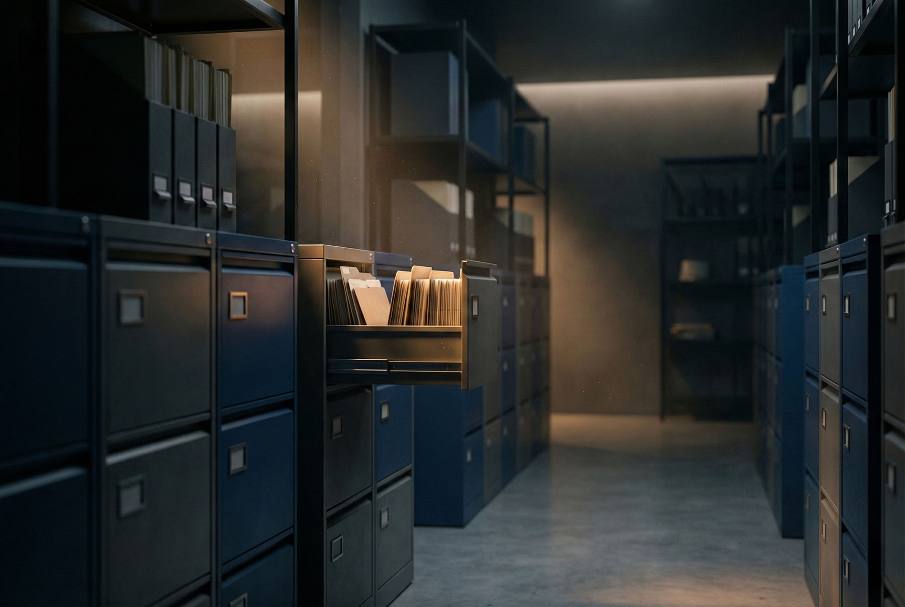 Open file drawer in archive room, representing content infrastructure, seo systems, and diagnostics workflow.