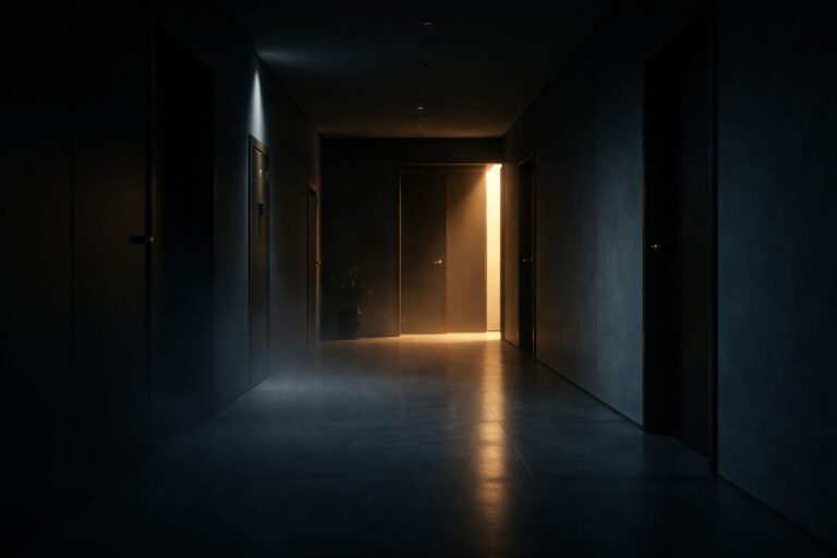 Dim hallway with a lit doorway, symbolizing marketing strategy diagnostics, SEO systems, and content infrastructure clarity.