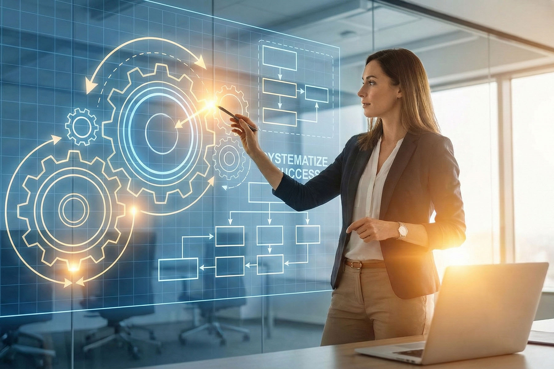Consultant points at process diagram on glass wall, aligning seo systems and content infrastructure for growth.
