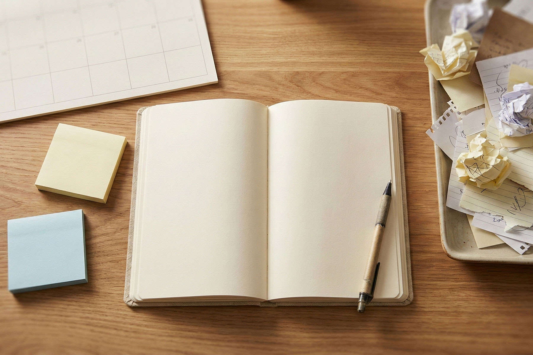 Open notebook beside sticky notes and discarded drafts, supporting diagnostics, seo systems, and content infrastructure planning.