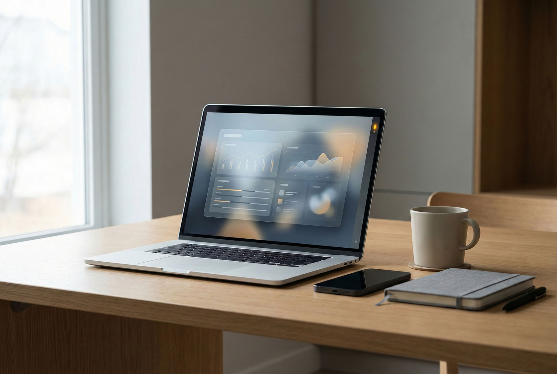 Laptop dashboard on desk with notebook and coffee, showing diagnostics, seo systems, and content infrastructure.
