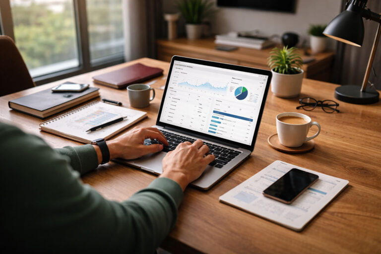 Hands review an analytics dashboard on a laptop supporting online marketing strategy, content strategy, and marketing analytics.