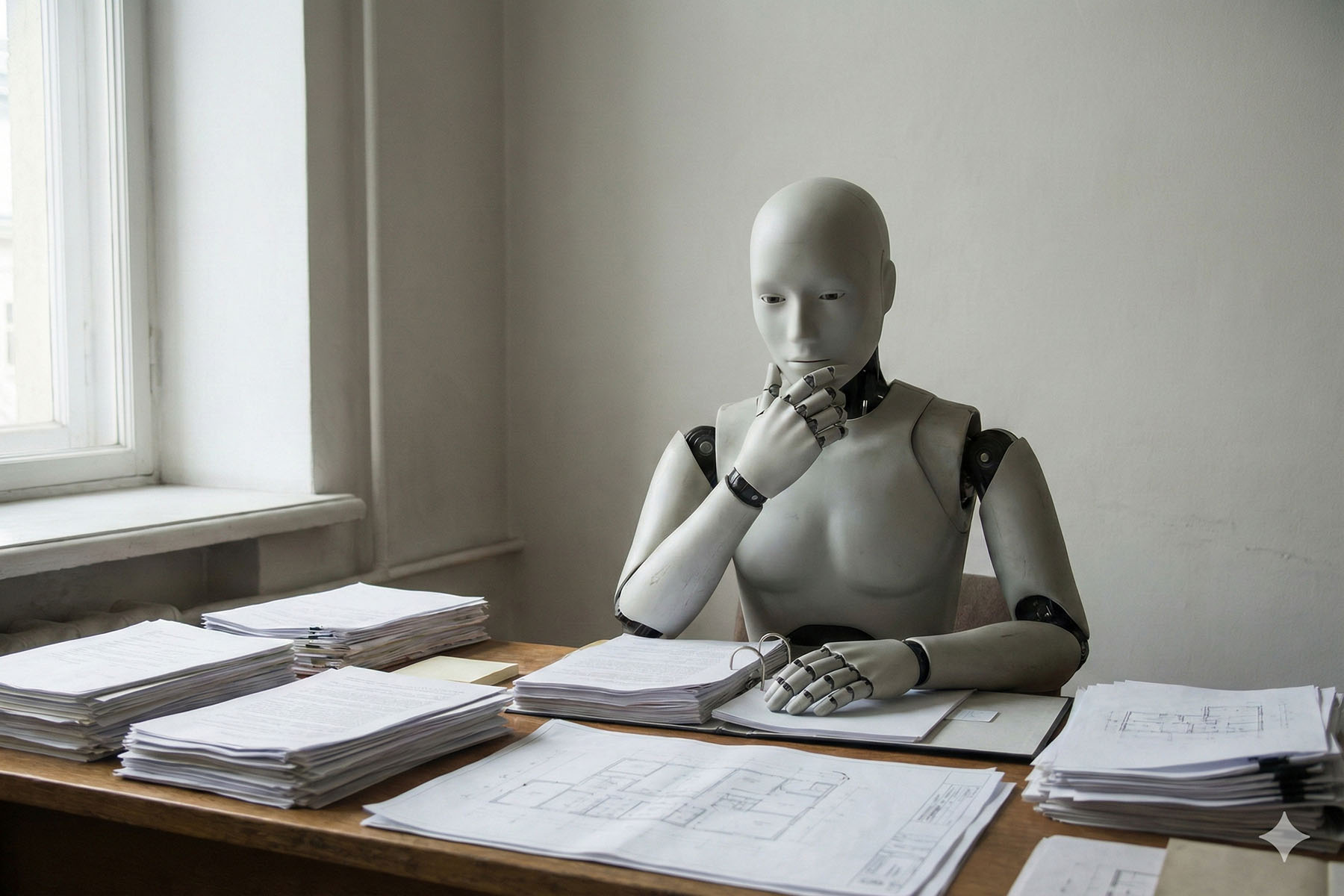 Robot reviews stacks of papers, signaling content strategy and brand strategy decisions for seo specialist teams.