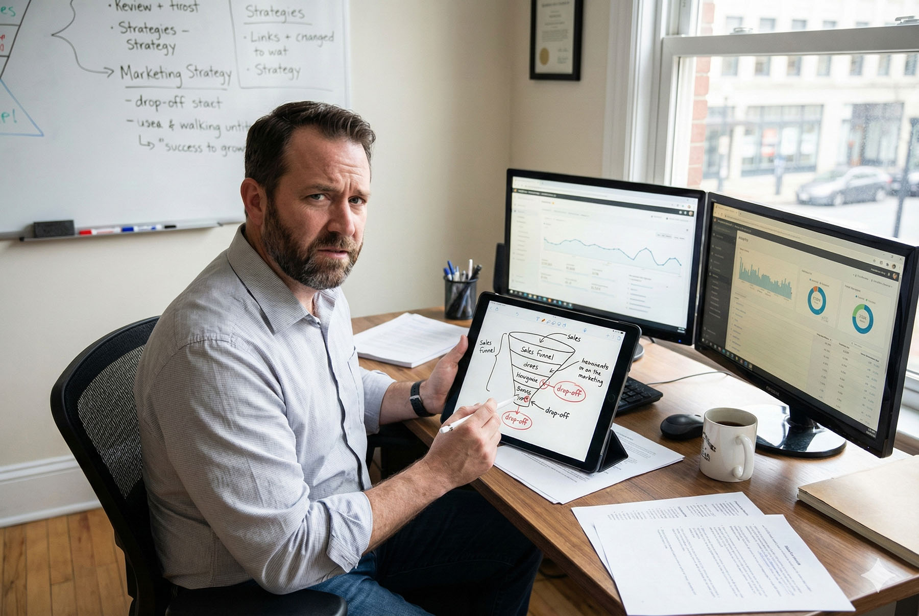 Consultant reviews sales funnel drop-off on tablet beside analytics dashboards, guiding conversion optimization and seo systems.