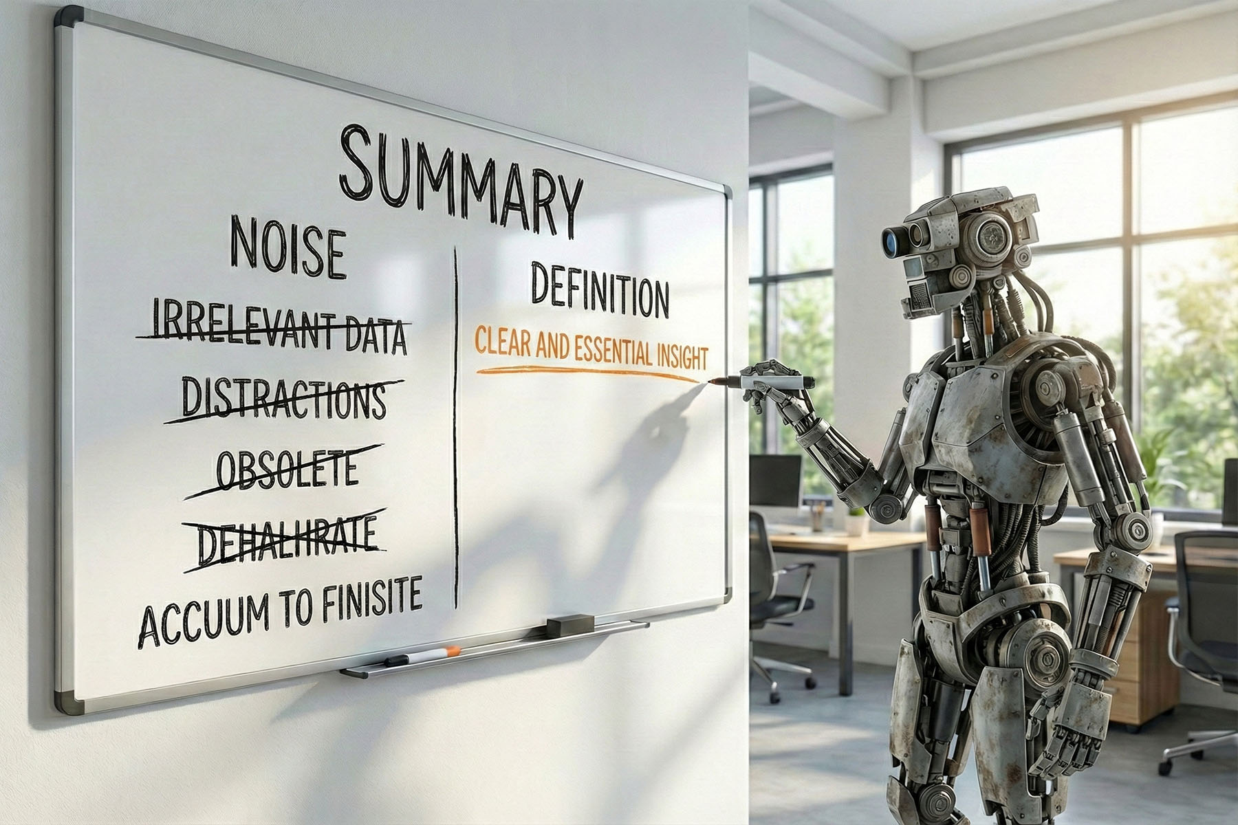 Robot pointing at whiteboard comparing noise and clear definitions, illustrating how AI overviews optimization rewards brands with consistent messaging over scattered content.
