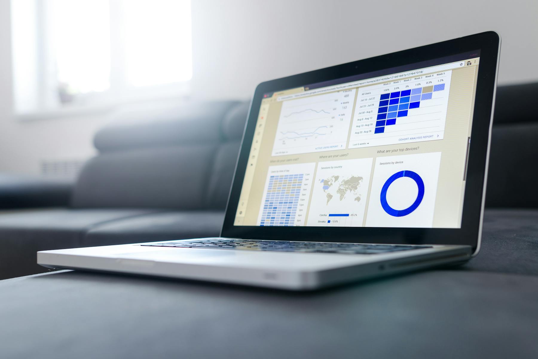 Laptop displaying a marketing analytics dashboard with traffic data, user geography, and device reports. Image by Lukas Blazek (https://www.pexels.com/@goumbik)