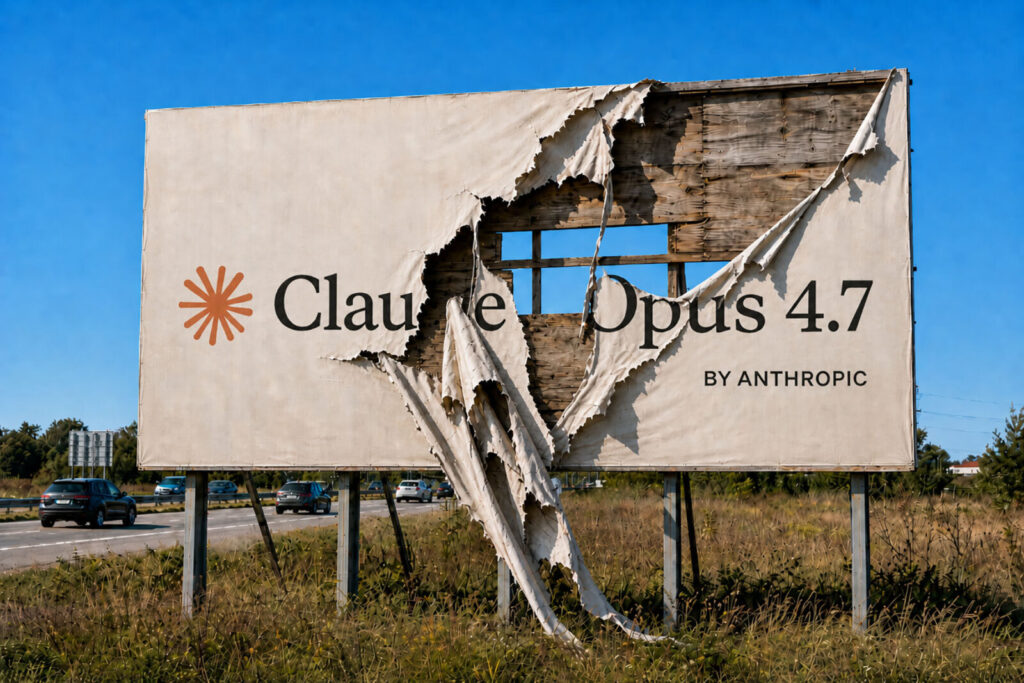A large torn and peeling billboard with partially visible text stands beside a busy road under a clear blue sky.